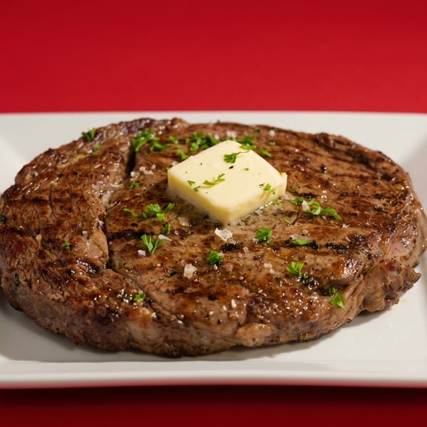 Grilled steak with a pat of melting butter, sprinkled with salt and parsley, on a white plate.