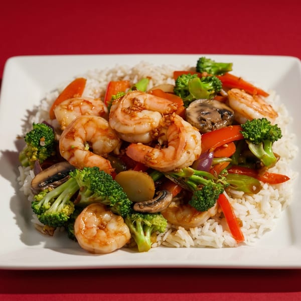 Shrimp stir-fry with broccoli, mushrooms, and red peppers over white rice on a white plate.