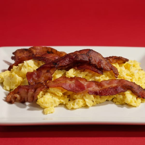 A white rectangular plate filled with fluffy scrambled eggs and crispy bacon strips on a red background.