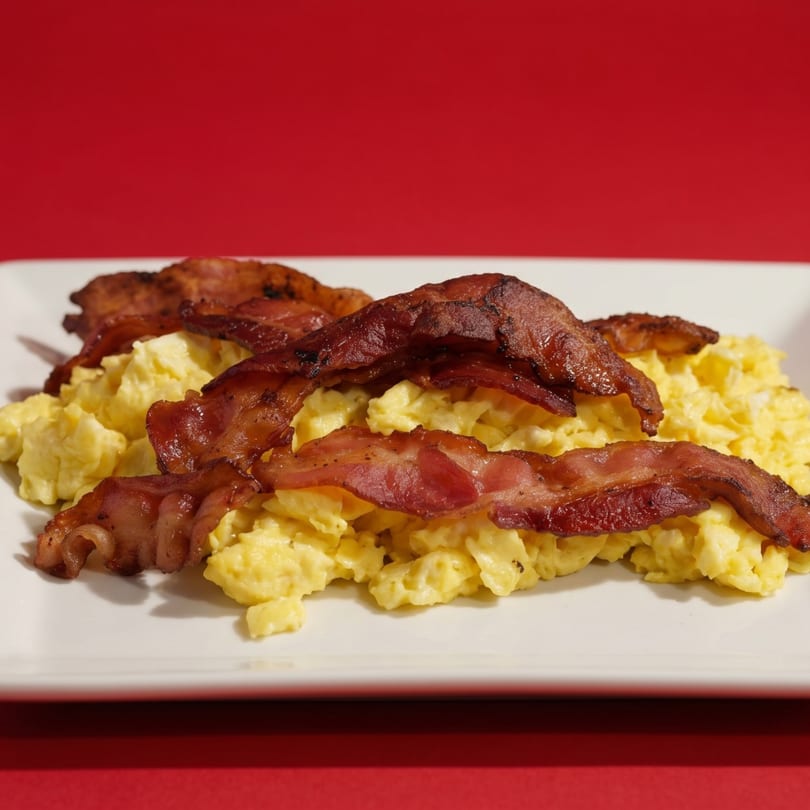 A white rectangular plate filled with fluffy scrambled eggs and crispy bacon strips on a red background.