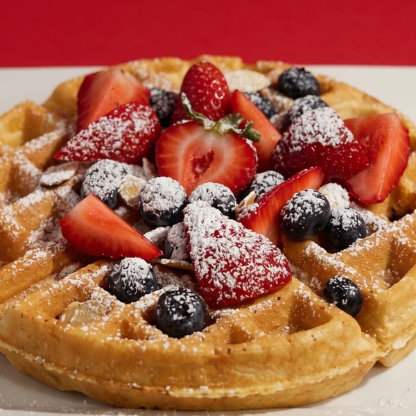 Golden waffle topped with fresh strawberries, blueberries, and powdered sugar on a white plate.