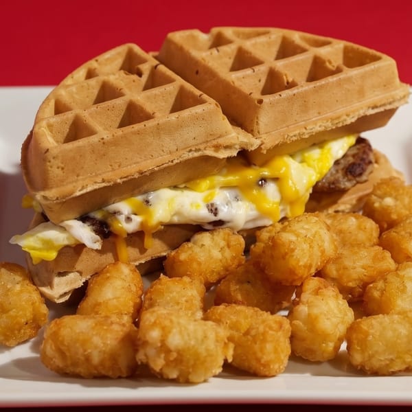 Waffle sandwich with egg, sausage, and melted cheese, served with a side of crispy tater tots.