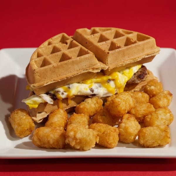 Waffle sandwich with egg, cheese, and sausage, served with tater tots on a white plate.