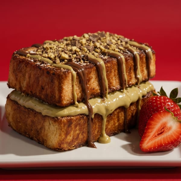 Stacked French toast with chocolate and pistachio drizzle, topped with nuts, served with strawberries.