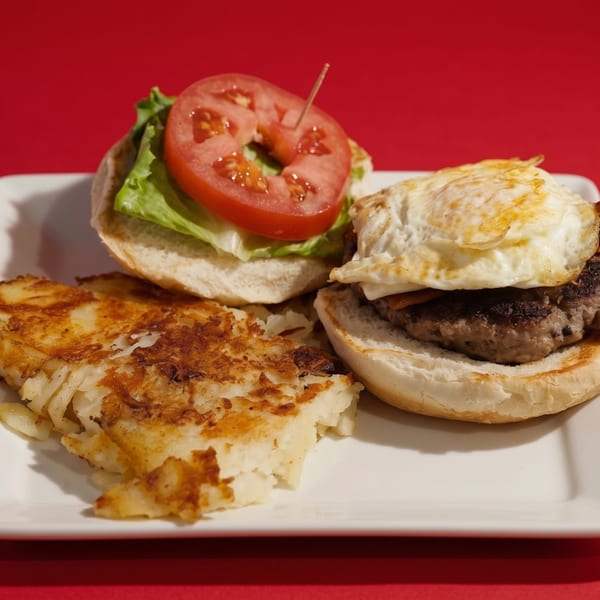 A breakfast plate with hash browns, a burger with a fried egg, and a burger with lettuce and tomato.