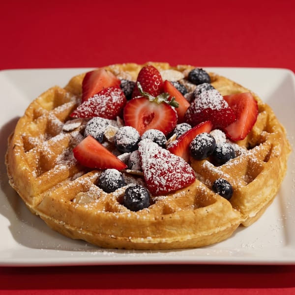 Golden waffle topped with fresh strawberries, blueberries, and powdered sugar on a white plate.